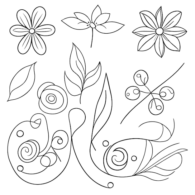 葉や手描きの花の装飾要素を備えたエレガントなフレームのセット