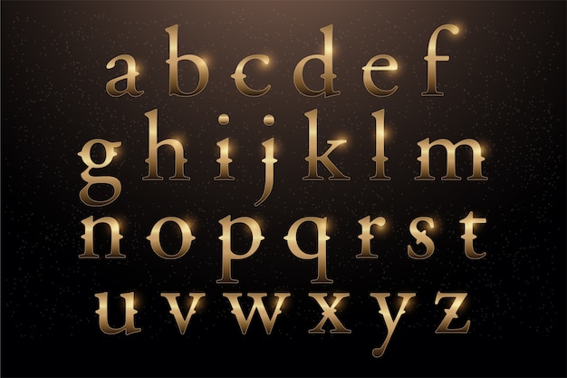 Vector set of elegant gold colored metal chrome alphabet lowercase font