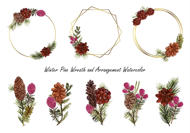 a set of elegant hand painted pine arrangement and wreath watercolor