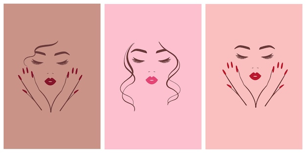 Set of elegant logo for a beauty salon nail studio Line woman portrait with hands Bright lips