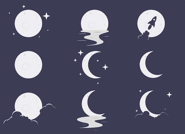 Vector set elegant moon with star, reflection on water, clouds, and rocket icon vector illustration eps10