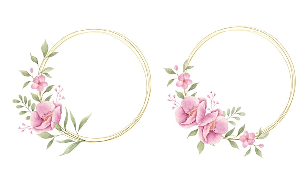 set of elegant pink flowers and leaves with golden frame