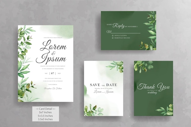 Set of Elegant Watercolor Wedding Invitation Card Template with Greenery Florals