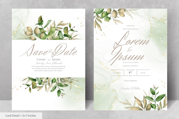 Set of Elegant Watercolor Wedding Invitation Card Template with Greenery Florals