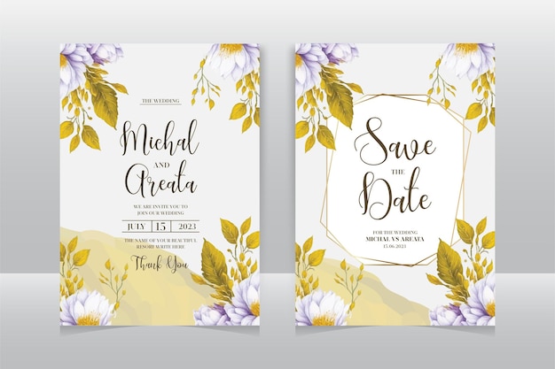 Set of elegant watercolor wedding invitation card template with greenery florals