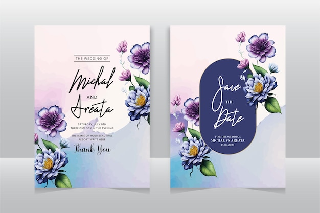 Set of elegant watercolor wedding invitation card template with greenery florals