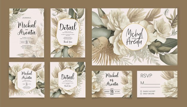 Set of elegant watercolor wedding invitation card template with greenery florals