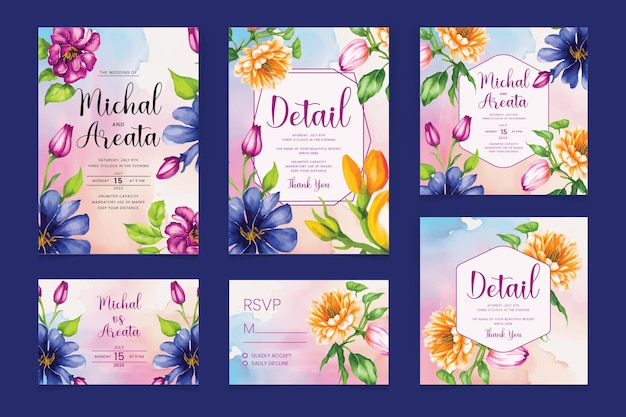 Vector set of elegant watercolor wedding invitation card template with greenery florals