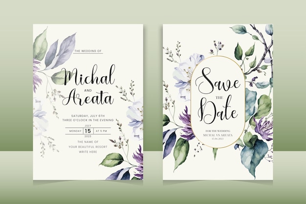 Vector set of elegant watercolor wedding invitation card template with greenery florals