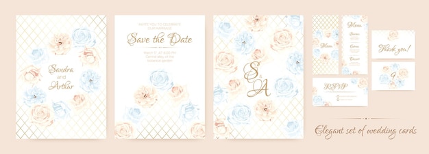 Set of elegant wedding cards with rose wreaths