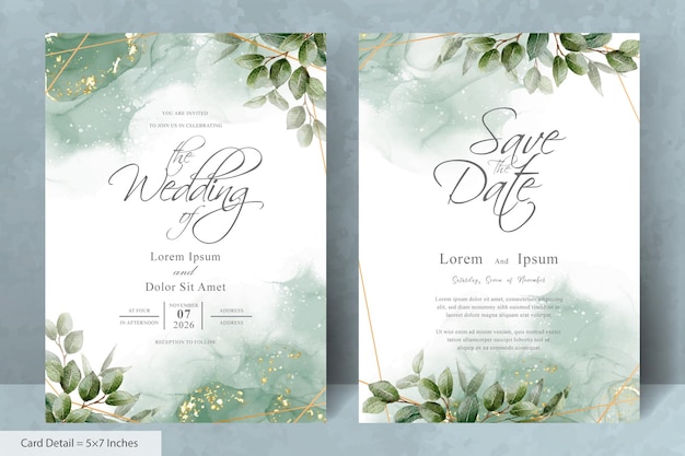 Set of elegant wedding invitation template with hand drawn floral and watercolor background