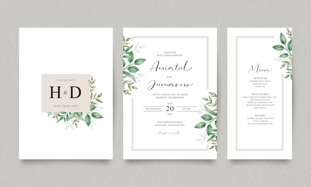 set of elegant wedding invitation templates with green leaves