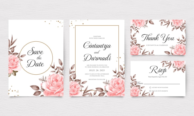 Set di eleganti modelli di invito a nozze con decorazione di rose ad acquerello