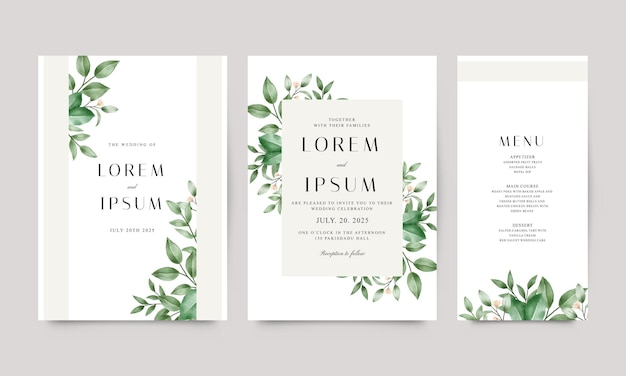 set of elegant wedding invitations with watercolor leaves