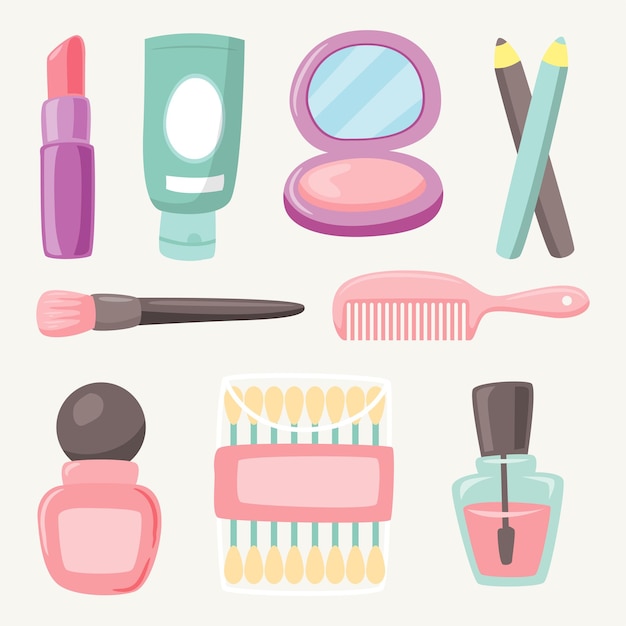 Set di cosmetici per la cura della pelle dei capelli, cosmetici e fragranze e prodotti per la cura del corpo illustrazione di cartone animato in stile piatto vettoriale