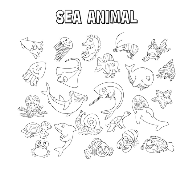 Set of element doodle sea animal Set of sea animal hand drawn