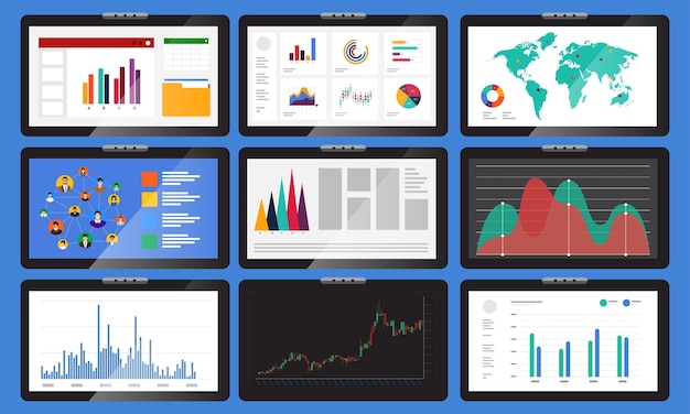 Set element vari monitor visualizzano grafici e tabelle