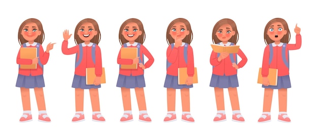 Vector set elementary school student girl character schoolgirl greeting poses thinks reads points idea