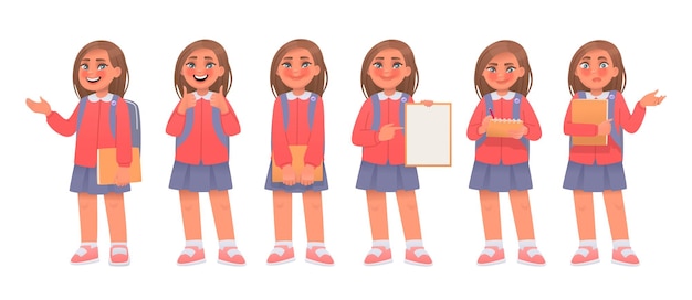 Vector set of elementary school student little girl character schoolgirl shows gesture cool points blank