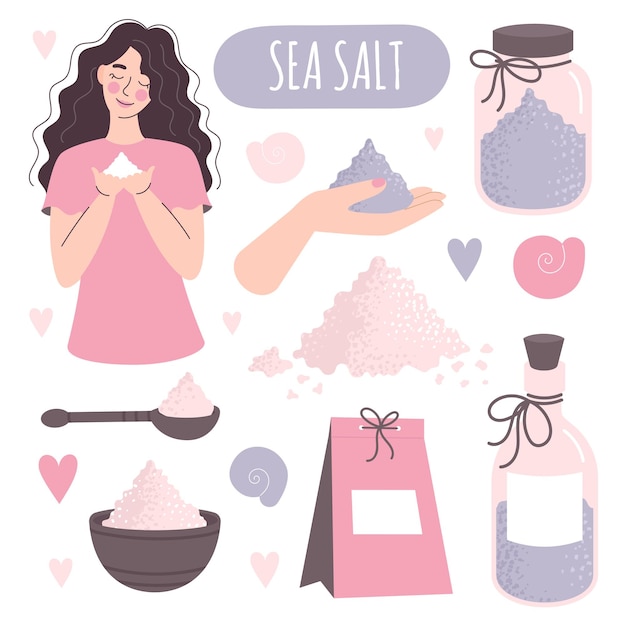 Set elementen met zeezoutvrouw met zoutglazen pot fles met losse zout spa zorg gezondheid
