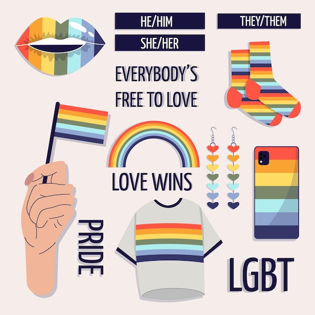 Set elementen van PrideHolding een vlag een T-shirt lippen een hoesje sokken regenboogkleurige oorbellen Het concept van LGBTQ Ondersteuning voor homoseksuelen Gelijkheid en bescherming van liefde