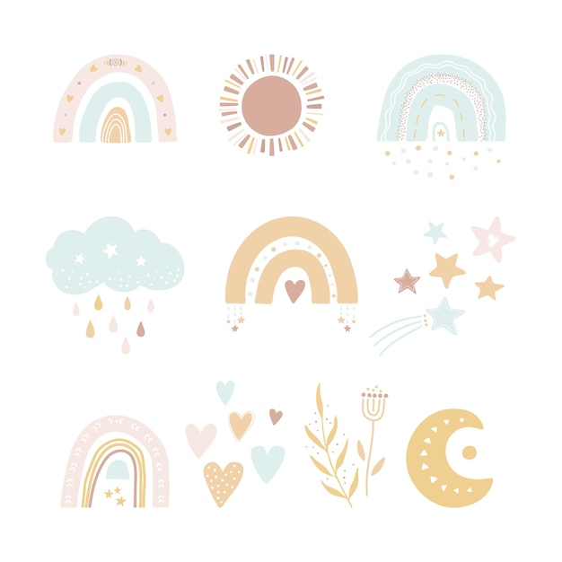 Set elementen voor kinderen ontwerpen in boho-stijl Illustraties voor baby shower card poster