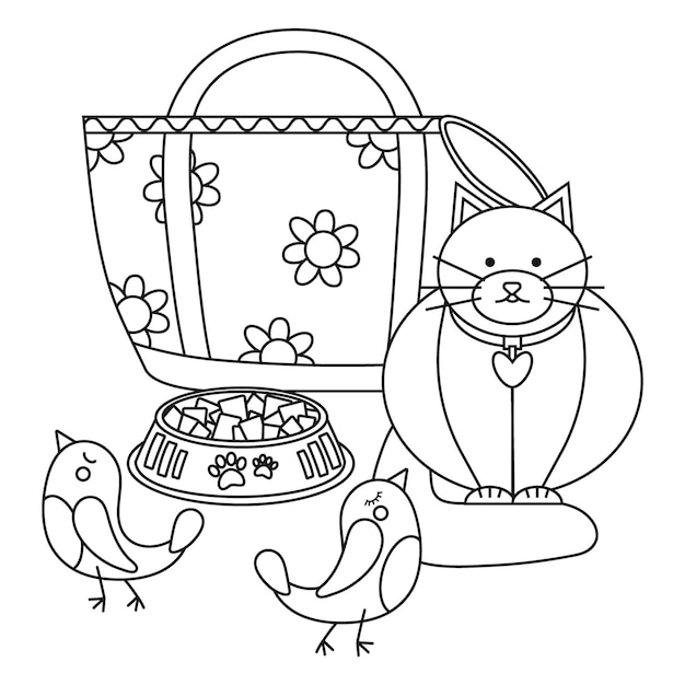 Set of elements for animals cats dogs bag carrier birds with a cat and a plate with food fodder