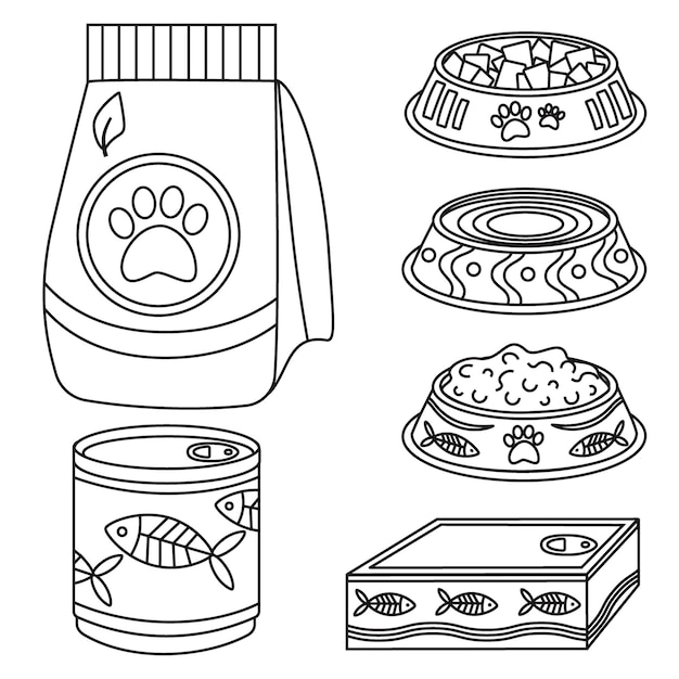 동물 고양이 개 식품 통조림 식품 생선을위한 일련의 요소 사료가있는 접시