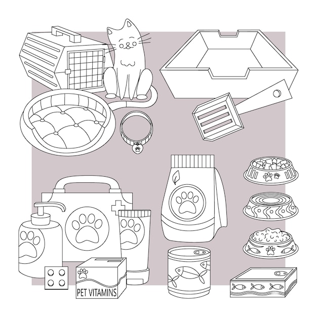 Set of elements for animals cats dogs Pet care Line art