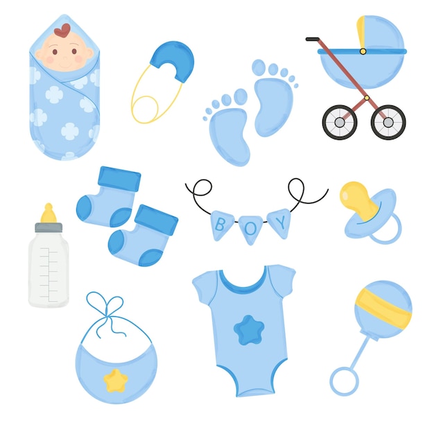 Set of elements for a baby shower in watercolor style for a boy Vector illustration