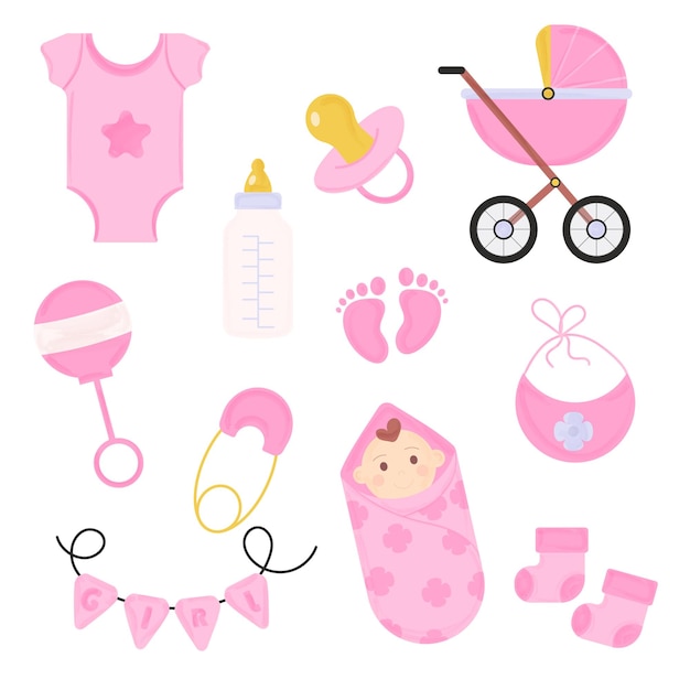 Vector set of elements for a baby shower in watercolor style for a girl vector illustration