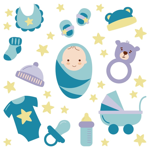 Vector set of elements for the birth of a boy