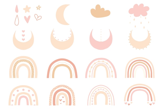 Set of elements in boho style Rainbows odlaka moon stars and more in a handdrawn style Vector set of children's elements