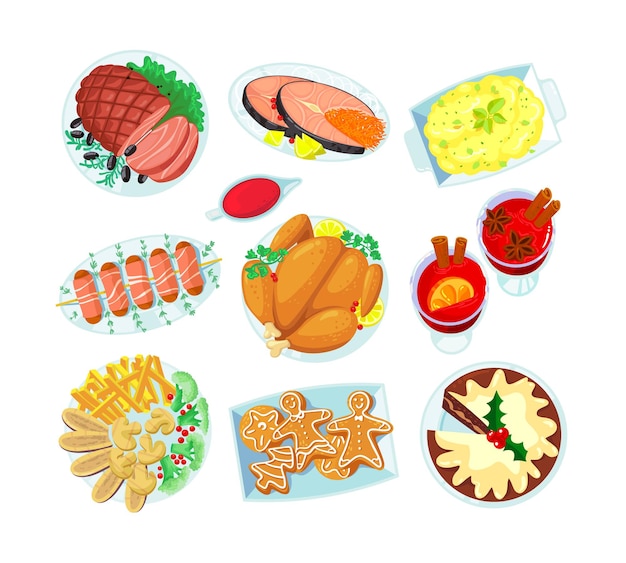 Vector set of elements christmas dishes mulled wine, fried meat, turkey or chicken and red fish with pie