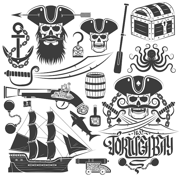 Vector set of elements for creating pirate logo or tattoo