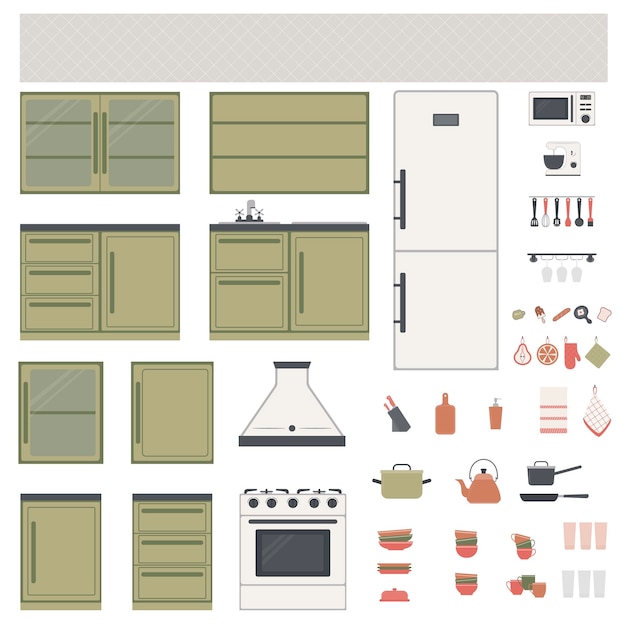 Vector a set of elements for decorating the kitchen interior with furniture