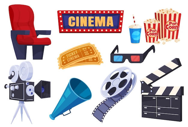Set of elements of the film industry Shooting and watching movies Fun and exciting leisure Vector illustration