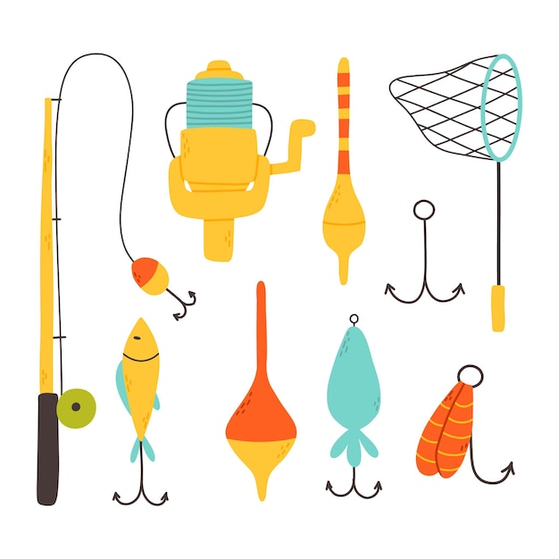 Set of elements for fishingCollection of tackle and lures for fishing Vector illustration Flat style Bright set for summer fishing