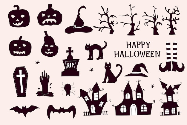 Set of elements for Halloween holiday in black and white hand drawn