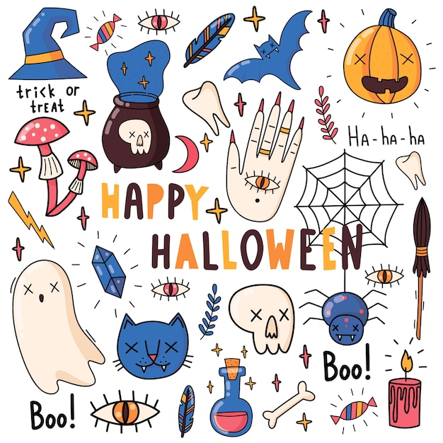 Insieme di elementi per halloween. zucca, veleno, scopa delle streghe, caramelle, fischio, gatto, fantasma, pipistrello, cristallo, funghi, teschio. illustrazioni piatte.