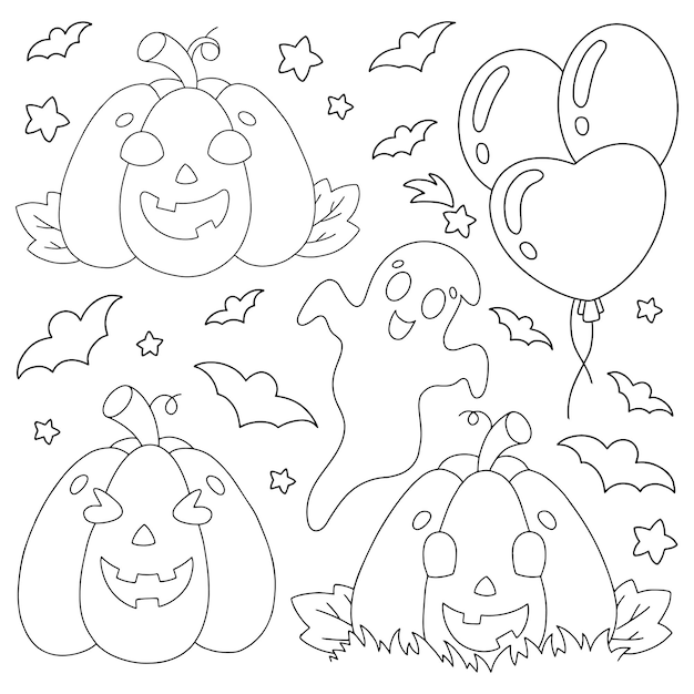 Set di elementi per zucche di halloween fantasmi pipistrelli pagina del libro da colorare per bambini