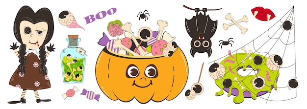 Set of elements for Halloween in retro cartoon style Vector illustration of doll characters