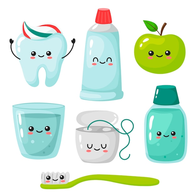 Vector a set of elements for healthy teeth toothbrush toothpaste mouthwash dental floss glass of water apple kawaii tooth  in cartoon style