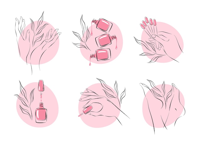 Set of elements and icons for nail studio. Nail polish, nail brush, manicured female hands and legs.