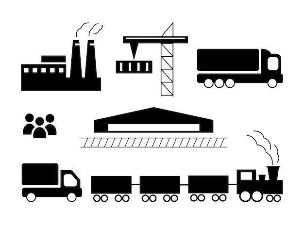 Impostare elementi di logistica industriale e illustrazione di autotrasporti icone vettoriali disegnate a mano per le schede infografiche del logo del web design aziendale e il design professionale