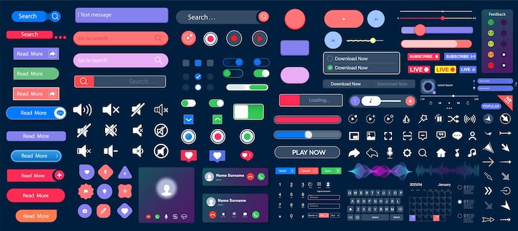 Vector set of elements for the interface universal ui ux kit for app or web constructor for interfaces design colorful navigation long web button interface buttons web ui elements for browsers vector