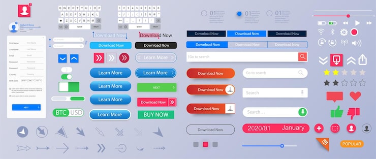 Vector set of elements for the interface universal ui ux kit for app or web constructor for interfaces design colorful navigation long web button interface buttons web ui elements for browsers