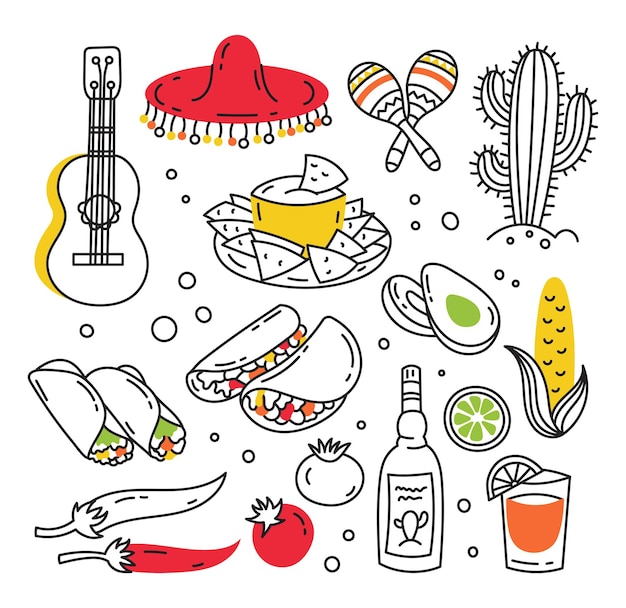 Un insieme di elementi della cultura e della cucina messicana. chitarra, cactus, maracas, sombreri, tequila, burritos.