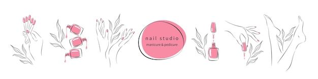 Set of elements for nail studio. Nail polish, nail brush, manicured female hands and legs.