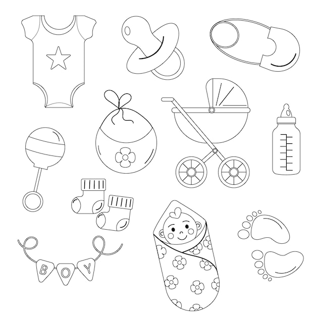 Vector set of elements outline for baby shower for a boy vector illustration